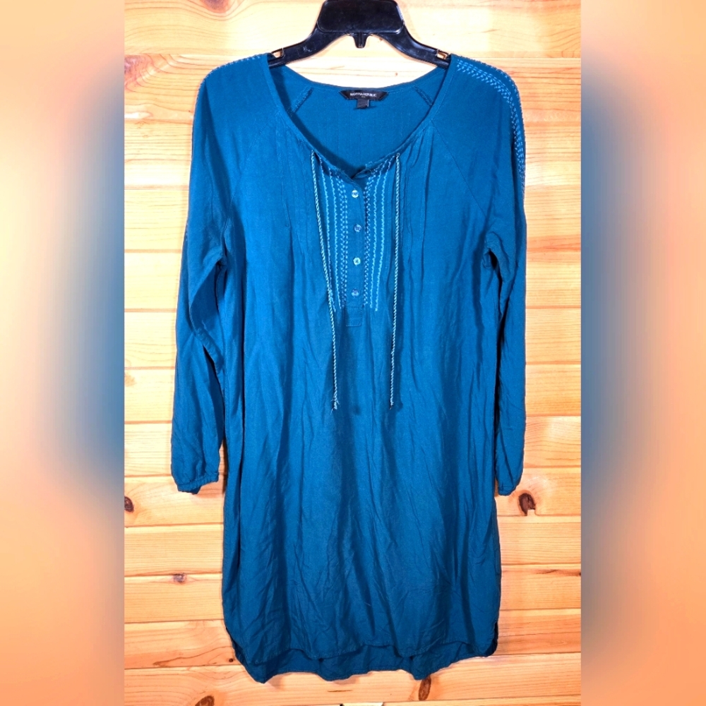 Banana Republic Womens Medium Dark Peacock Embroidered Long Sleeve Tunic Dress